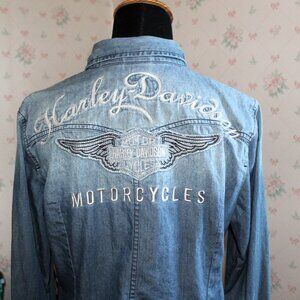 Genuine Harley-Davidson Embroidered Denim Snap-Front Western Shirt, Small